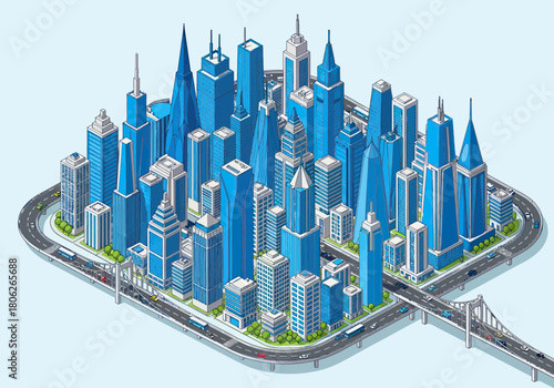 Isometric blue city skyline with modern skyscrapers.