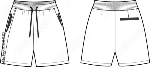 Men’s elastic waist shorts front and back view, vector fashion flat sketch with pockets, detailed apparel cad drawing flat vector illustration