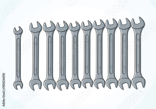 Row of metal wrenches aligned in a straight line.