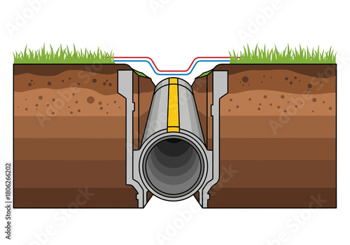 Underground Pipeline Cross Section with Grass and Soil.