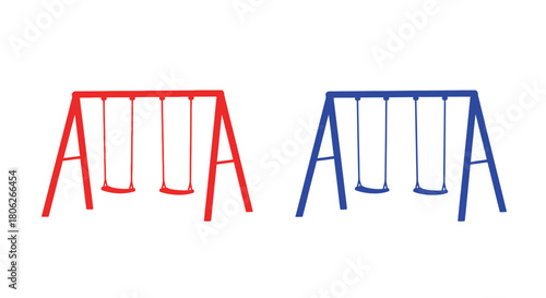 A vibrant illustration of two swing sets one red and one blue