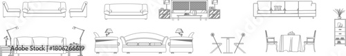 Vector line drawings of living and dining room furniture in front elevation, including sofas, tables, chairs, and lamps, for architectural sections.