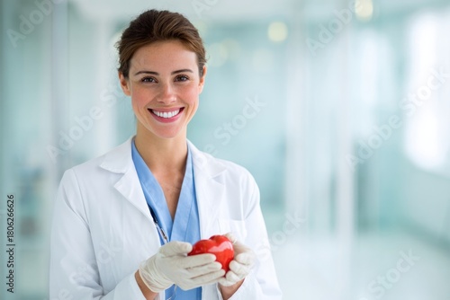 Woman doctor cardiologist in uniform holding red heart in medical clinic.