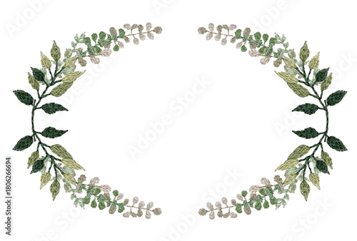 手刺繍の植物楕円枠