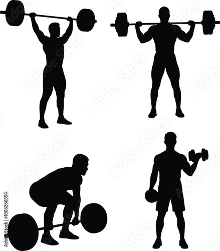 Male Weightlifting Silhouette Vector Set with Barbell and Dumbbell