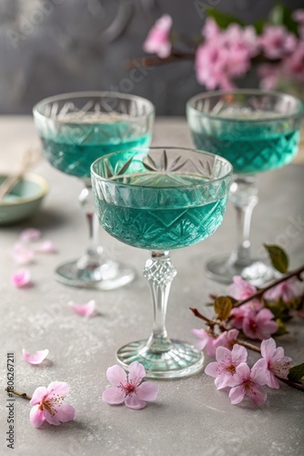 Elegant blue cocktails with cherry blossoms and petals