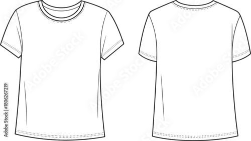 Unisex T-shirt fashion flat sketch, vector technical drawing, front and back template, blank apparel outline, clothing illustration for designers