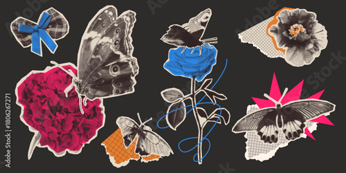Halftone butterfly and flowers set isolated on black background. Contemporary vector illustration of vintage floral photocopy stickers, distressed rose hydrangea, botanical magazine pictures collage