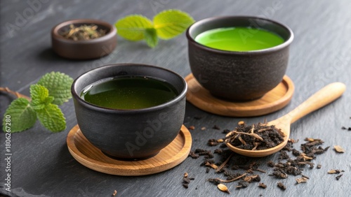 Two cups of green tea with loose leaf tea and fresh mint