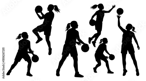 Basketball female silhouettes. vector images of female basketball silhouettes. Transparent background SVG version.