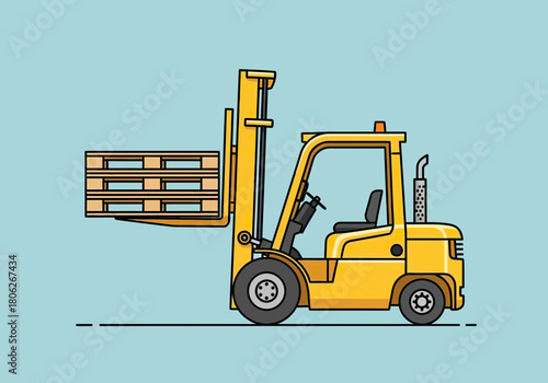 Yellow forklift lifting wooden pallets close up.