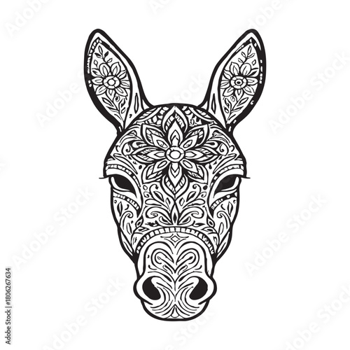 Intricate Donkey Head Zentangle Illustration Ornamental Animal Portrait with Floral Motifs and Detailed Patterns in Black and White