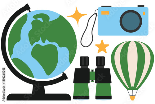 Air adventure set with hot air balloon binoculars camera and globe for gift flight certificates