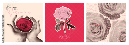 Valentine Day cards set with halftone roses. Contemporary vector illustration of distressed female hands holding red flower, vintage wrapping with floral design, romantic pictures cutout, love collage
