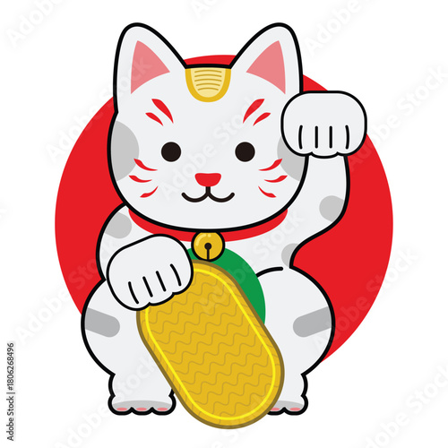 vector illustration of oriental lucky cat holding coin on it