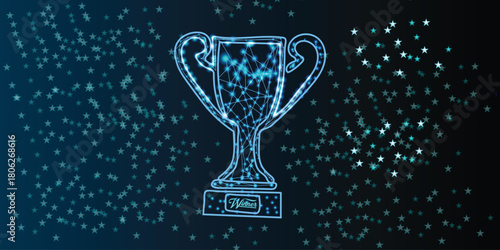Abstract image of a champion cup in hand in the form of a starry sky or space,  stars and the universe. Vector business wireframe concept