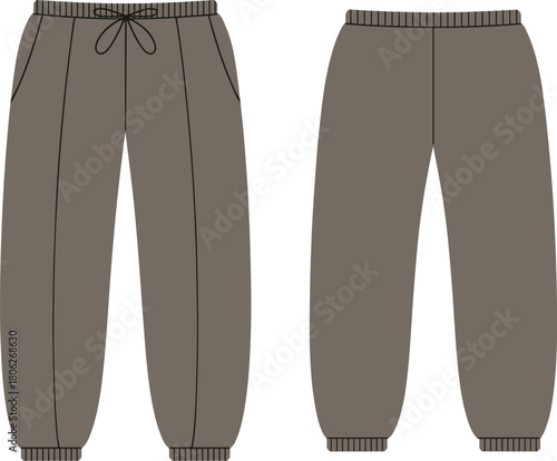 Jogger pants cad drawing flat vector illustration showing front and back view technical sweatpants template for fashion design and apparel mockup