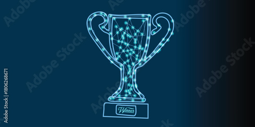 Abstract image of a champion cup in hand in the form of a starry sky or space,  stars and the universe. Vector business wireframe concept