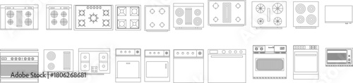 Vector line drawings of various stoves and ovens (top and front view), including ranges and cooktops, essential for detailed kitchen appliance schedules.