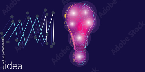 Abstract lamp bulb mash line origami   Polygonal 3D white bright warm light on dark background. Idea with geometry triangle. Vector Incandescent lamp with bright light..