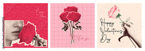 Halftone valentine day love collage in vintage paper cutout style with romantic roses and hands. Woman with blossom, flower bouquet and hand holding bloom on pink grid for 14 february greeting cards.