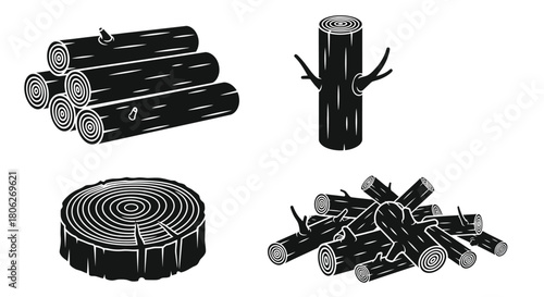 Black and white illustration of logs woodpile and tree stump design