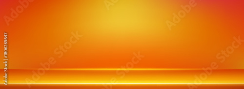 Orange gradient studio background with warm autumn light and horizontal product display platform. 3d room setting with golden yellow limbo for showcasing merchandise or design presentations.
