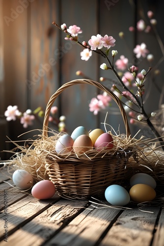 Rustic Easter scene with a basket of colored eggs on wood. Ideal for greeting cards, ads, social media, banners, and spring-themed designs.