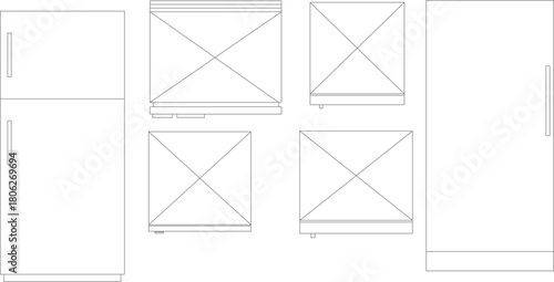 Vector line drawings of refrigerators (front and side elevation) and overhead cabinet placeholder boxes, used for detailed kitchen or utility room design.