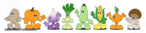 Retro cartoon vegetable mascot characters with groovy sticker style - potato and pumpkin, garlic with leek, zucchini and corn, onion and champignon mushroom. Funny food set for game design or branding