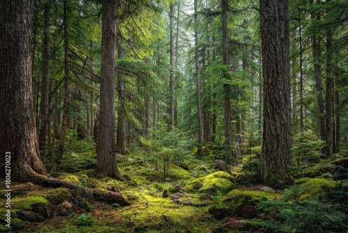 Dense stand of green conifers in a tranquil mixed forest