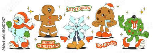 Retro groovy cartoon Christmas character stickers with funny holiday mascots - snowman, gingerbread cookies, snowflake and xmas wreath. Winter set with festive text elements for seasonal design.