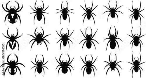 Spider silhouettes pattern collection, black spider icons set, Halloween spooky insects, isolated arachnid vector design for web and print backgrounds