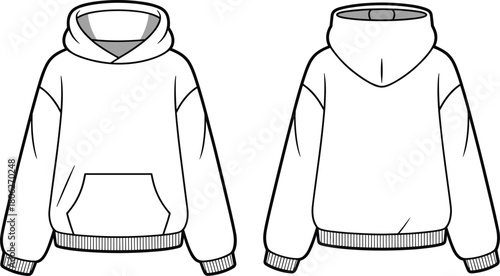 Oversized unisex hoodie with kangaroo pocket, ribbed cuffs and hem, double-layer hood shown in detailed front and back technical flat illustration