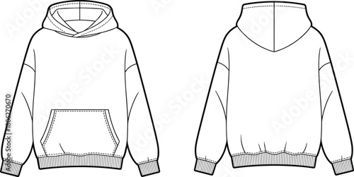 Oversized unisex hoodie with kangaroo pocket, ribbed cuffs and hem, detailed front and back technical flat sketch for fashion design CAD drawing