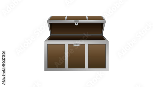 Open empty wooden treasure chest box with metal trim isolated on white background