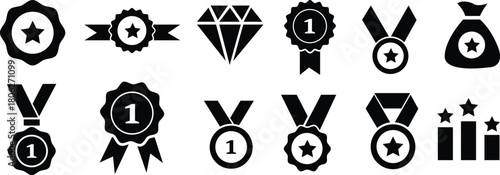 award icon symbol, premium quality certify icon sign - medal, prize, verified, badge, ribbon. certification, verification, quality, and achievement vector icon in solid and outline styles