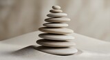 Zen Stones Pyramid Balancing on Sand Dunes Symbol of Balance Harmony Serenity Equilibrium and Calmness Pebble Tower Rock Stacking Sculpture Peaceful Wellbeing Concept