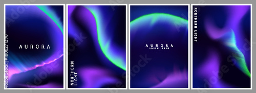 Aurora borealis northern light gradient abstract background set with vibrant green, blue and purple waves. Natural phenomenon in dark sky - mystical atmosphere for cosmic posters or celestial designs.