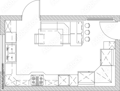 Vector line drawing of a detailed kitchen floor plan, including cabinets, appliances, sink, stove, and a dining counter for architectural design.