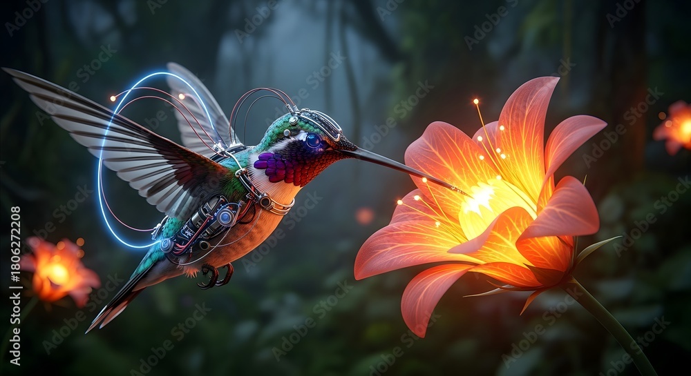 Naklejka premium Hummingbird flower nectar nature bird wildlife animal flying wings colorful garden floral blossom light