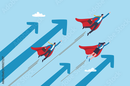 High performance employees, leadership development or career growth lead to success, motivation or ambition to achieve goal, excellence work, business people superhero flying high with growth arrow.