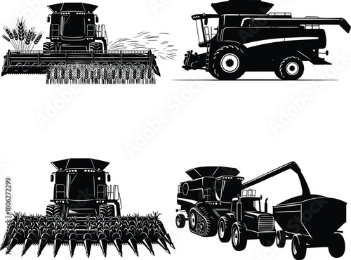 Combine harvester silhouettes harvesting crops grain trailer and farming machinery