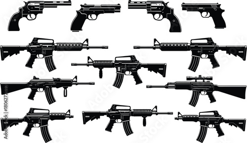 Black Silhouette Firearms Collection Vector Set Featuring Handguns, Revolvers, and Modern Assault Rifles for Military Design.