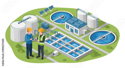 Isometric view of a modern water treatment plant with engineers, solar panels, and various purification tanks, illustrating sustainable industrial processes.