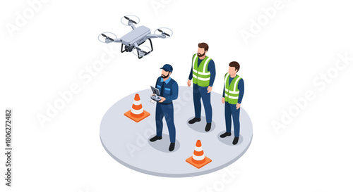 Isometric view of a drone in flight with three workers and safety cones on a circular platform.