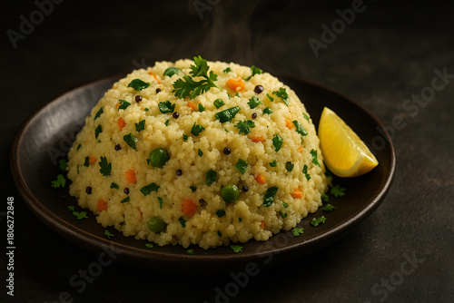 Traditional South Indian Vegetable Upma: Savory Semolina Breakfast Dish with Carrots, Peas, Coriander Garnish and Lemon Wedge on Black Plate