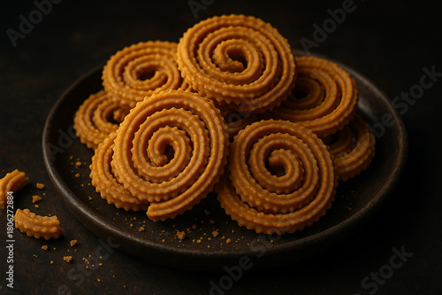Traditional Indian Chakli Spiral Snack on Dark Plate – Crispy Savory Fried Festive Treat Closeup