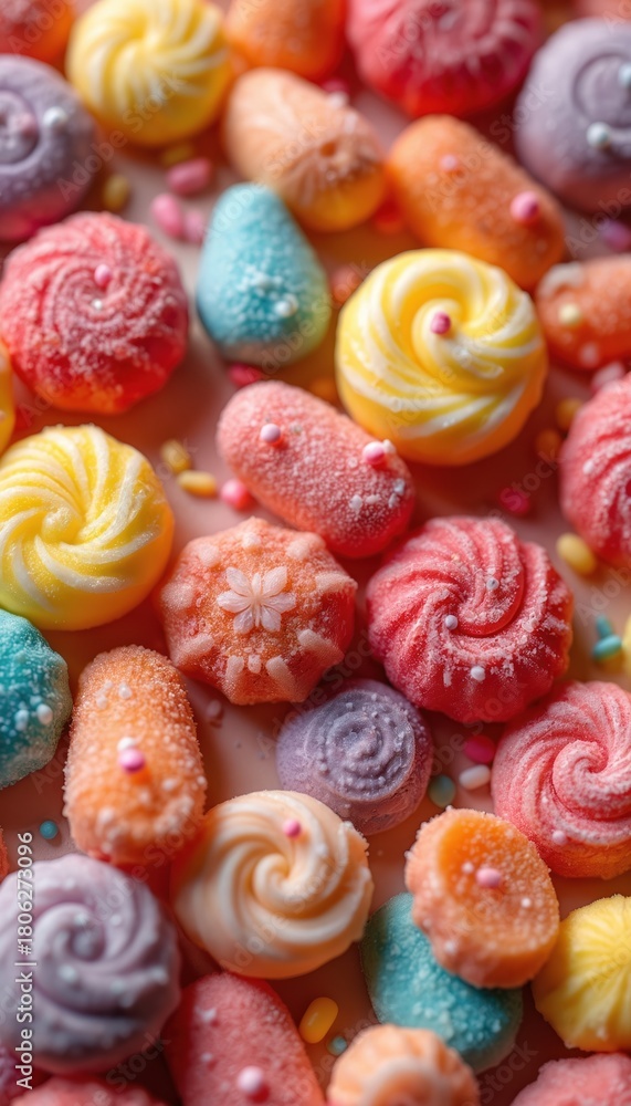 Fototapeta premium Assorted colorful candies arranged closely together. Sweet confections in various shapes and pastel hues provide a delightful treat. These sugary delights offer a sugary temptation for all ages.