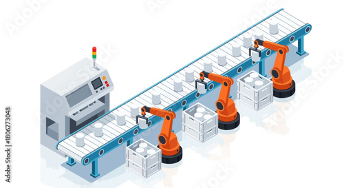 Isometric illustration of an automated industrial production line with robotic arms and conveyor belt.